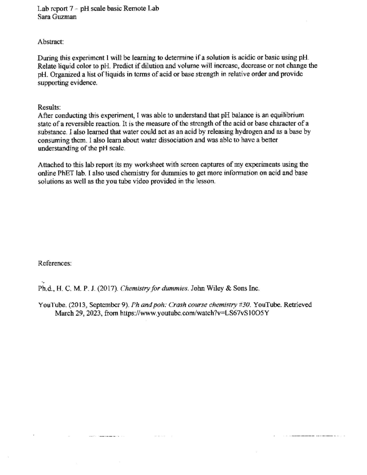 Lab 7 Report and Worksheet - Lab report 7 - pH scale basic Remote Lab ...