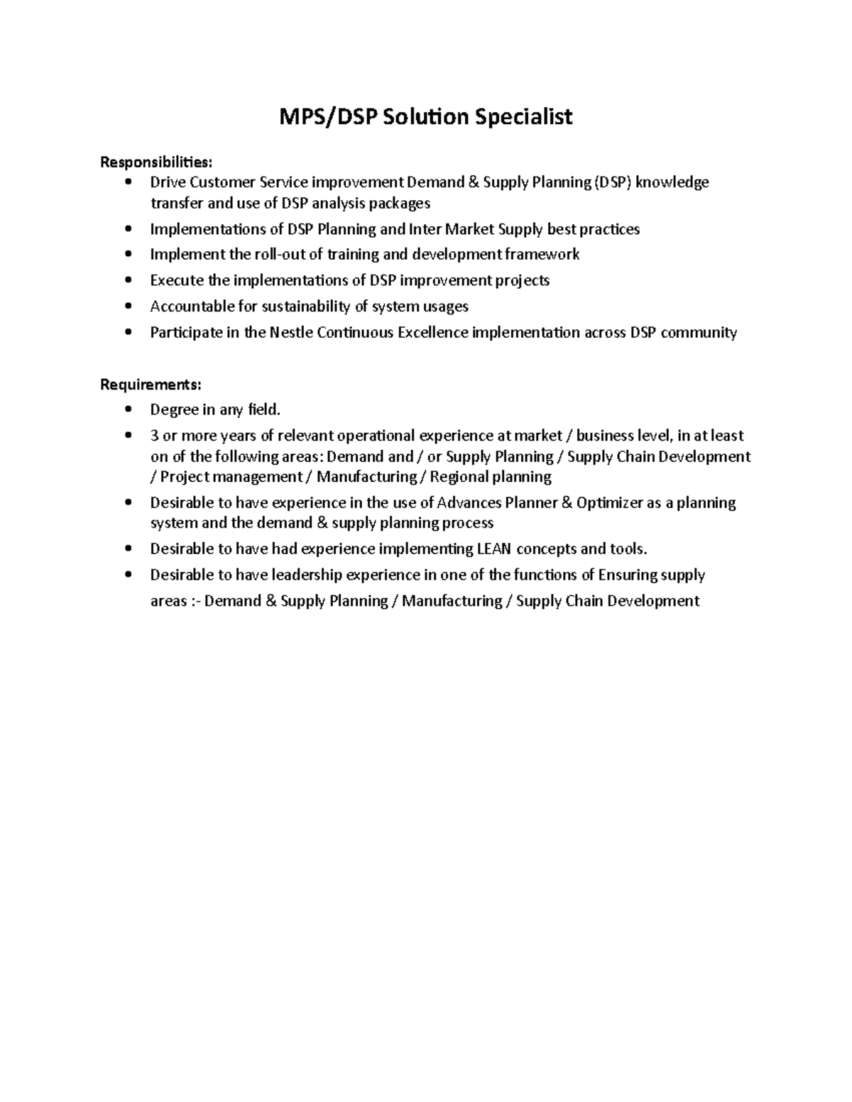 JD UKEC job description MPS/DSP Solution Specialist