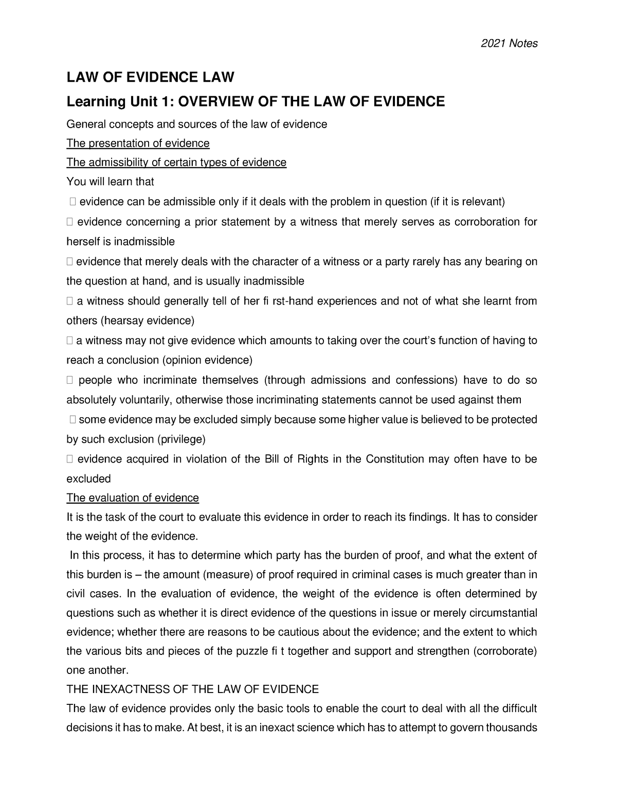 LAW OF Evidence Notes - LAW OF EVIDENCE LAW Learning Unit 1: OVERVIEW ...