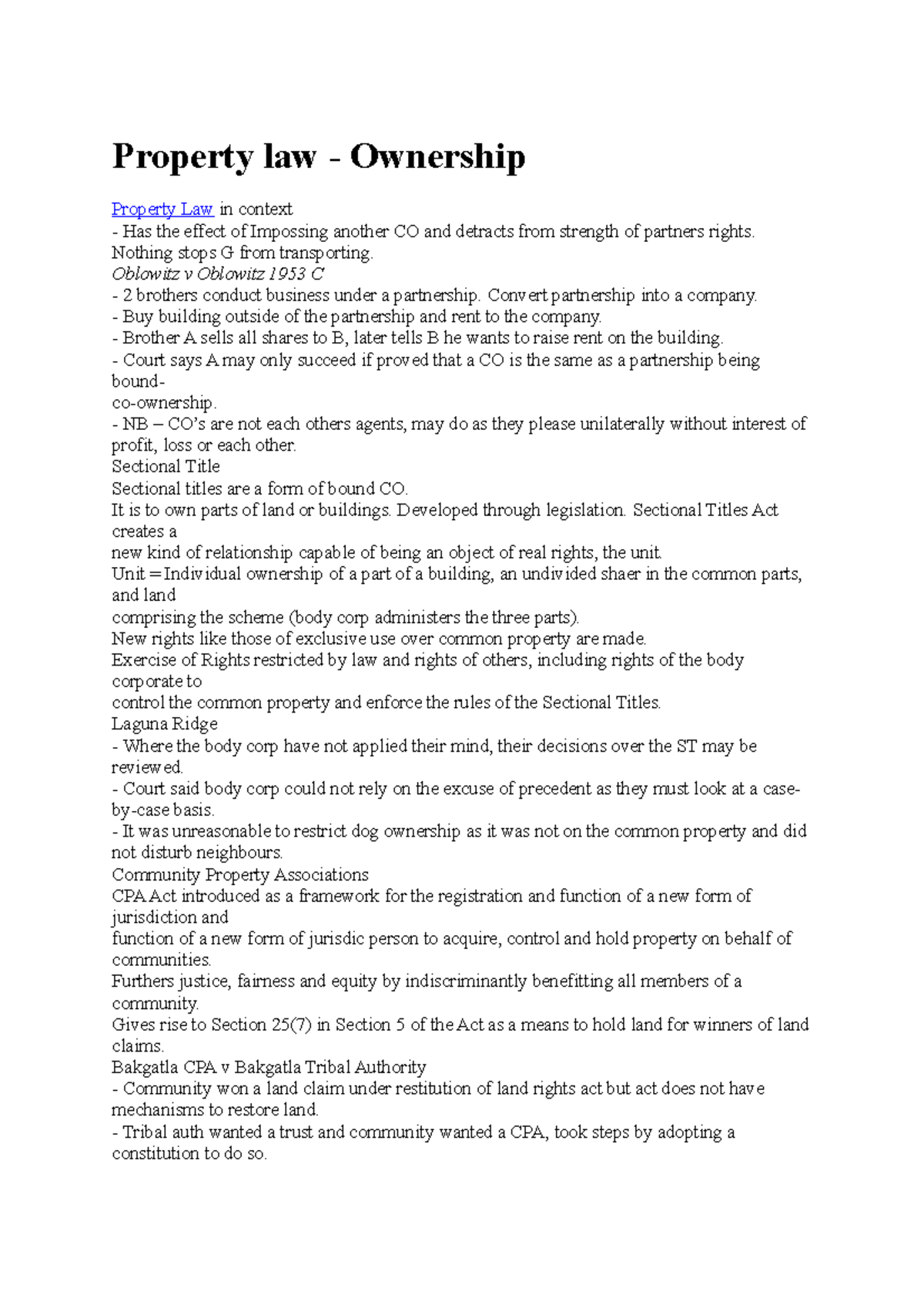 Property Ownership Notes based on research Property law Ownership