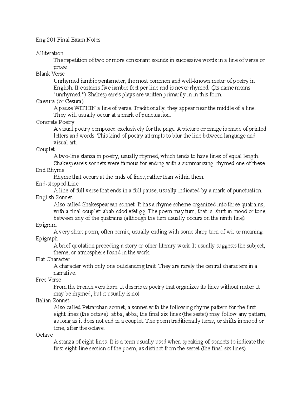 Eng 201 Final Exam Notes - Eng 201 Final Exam Notes Alliteration The ...