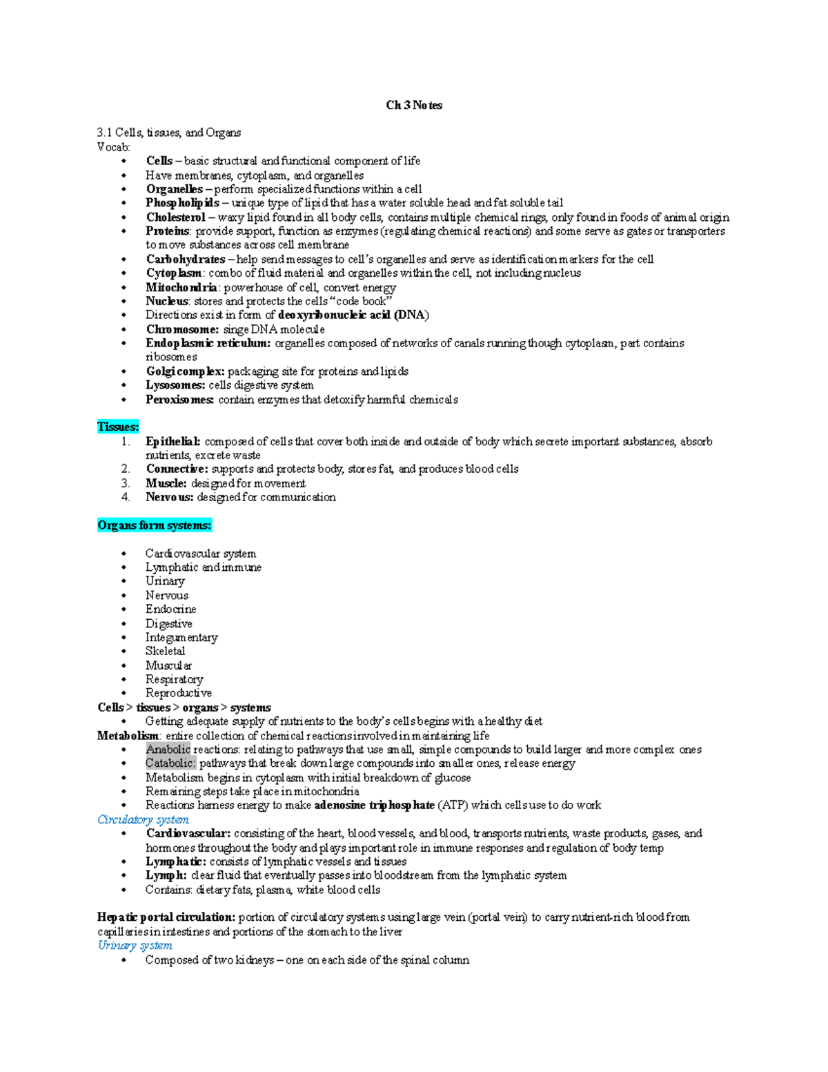 Ch 3 Notes - Ch 3 Notes 3 Cells, tissues, and Organs Vocab: Cells ...