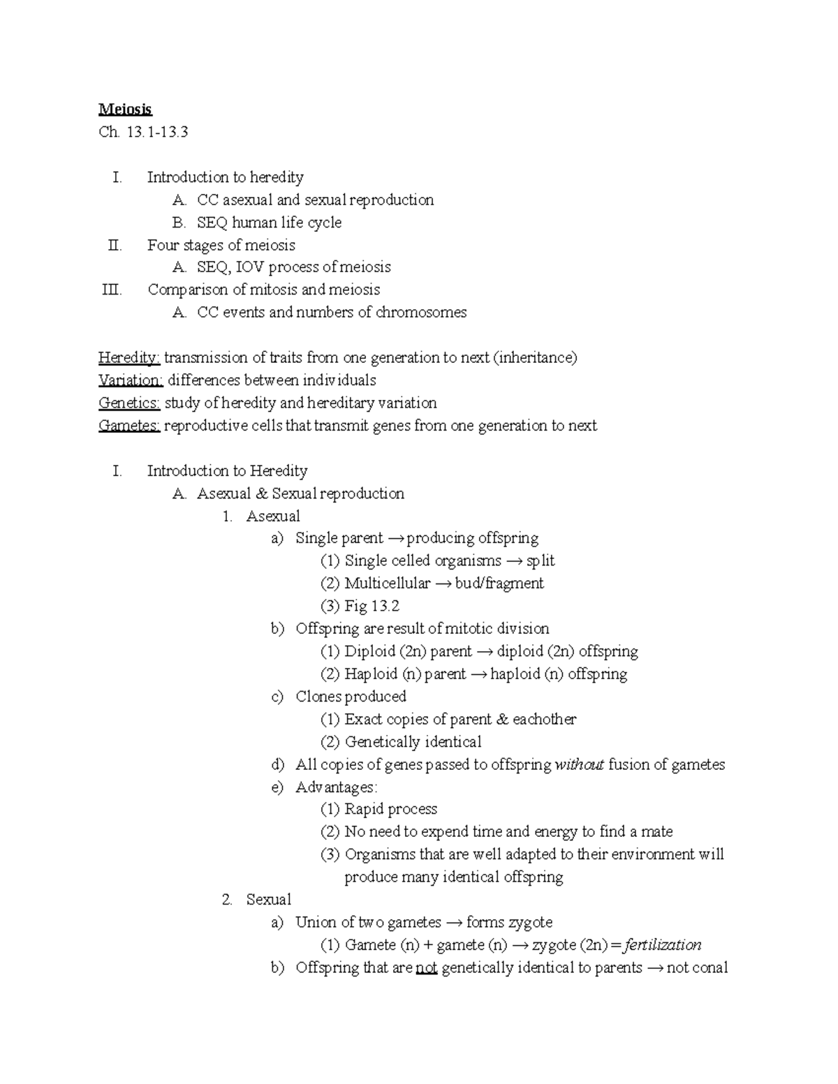 gen bio 1 Lecture 11 - Meiosis Ch. 13-13. I. Introduction to heredity A ...