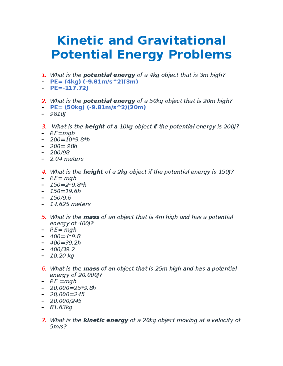 Kinetic And Gravitational Potential Energy Problems 14 Meters What Is The Mass Of An Object 0766