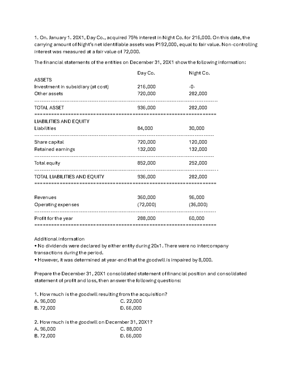 Quiz2 - Sample exercises in Business Combination - On. January 1. 20X1 ...