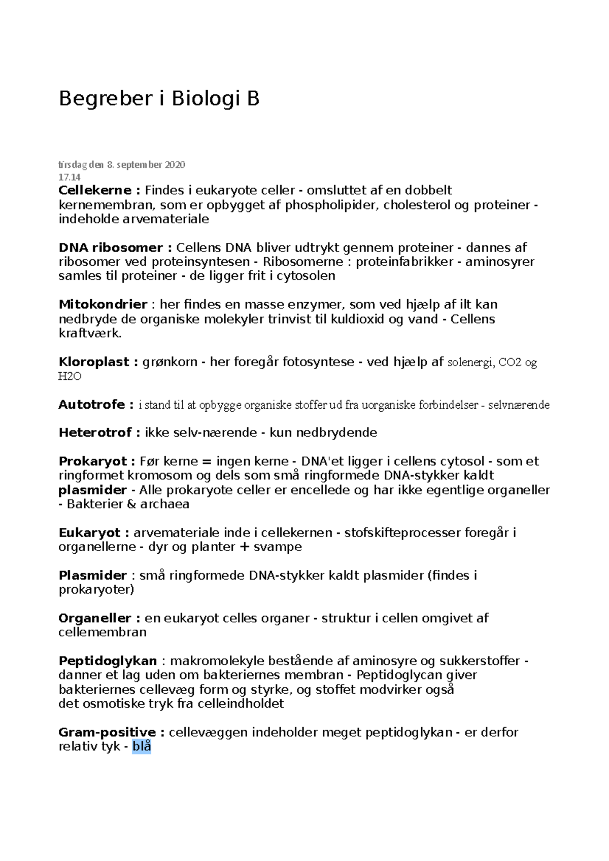 CelleBiologi B Noter - Begreber I Biologi B Tirsdag Den 8. September ...