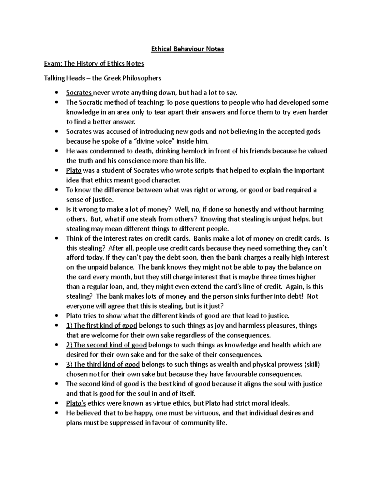 Ethical Behaviour Notes - Ethical Behaviour Notes Exam: The History of ...