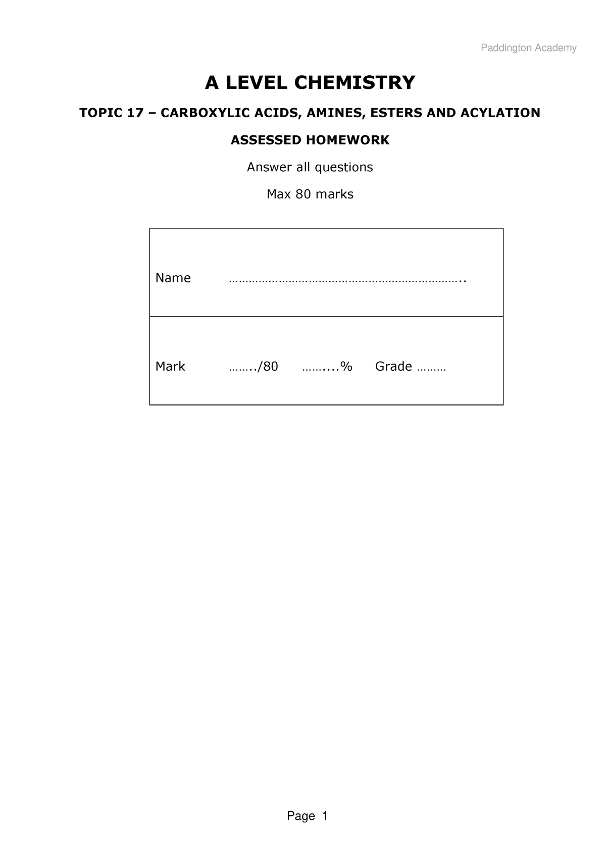 Assessed HW Carboxylic acids & Esters - A LEVEL CHEMISTRY TOPIC 17 – CARBOXYLIC ACIDS, AMINES ...