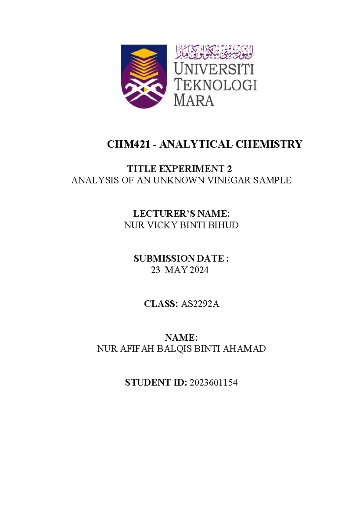 Lab Report 3 Chm421 - CHM421 - ANALYTICAL CHEMISTRY TITLE EXPERIMENT 2 ...