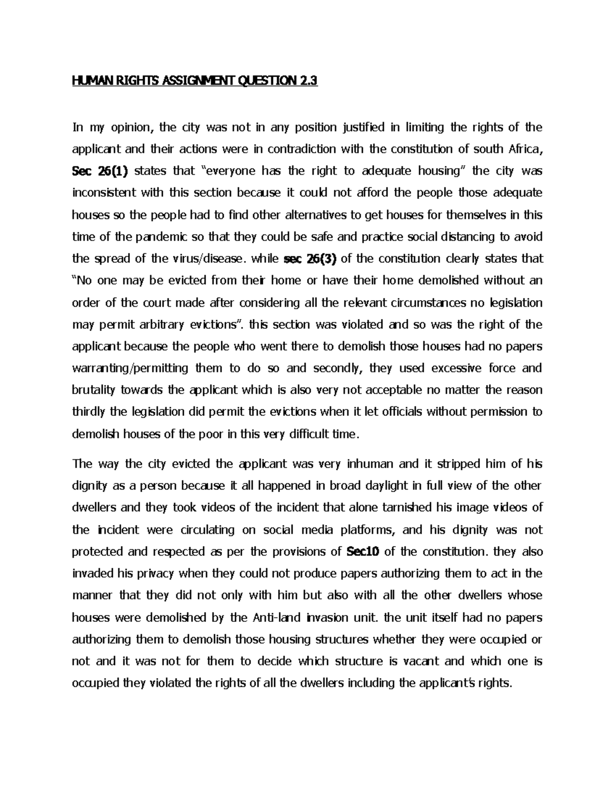 Human rights constitutional law - HUMAN RIGHTS ASSIGNMENT QUESTION 2. 3 ...