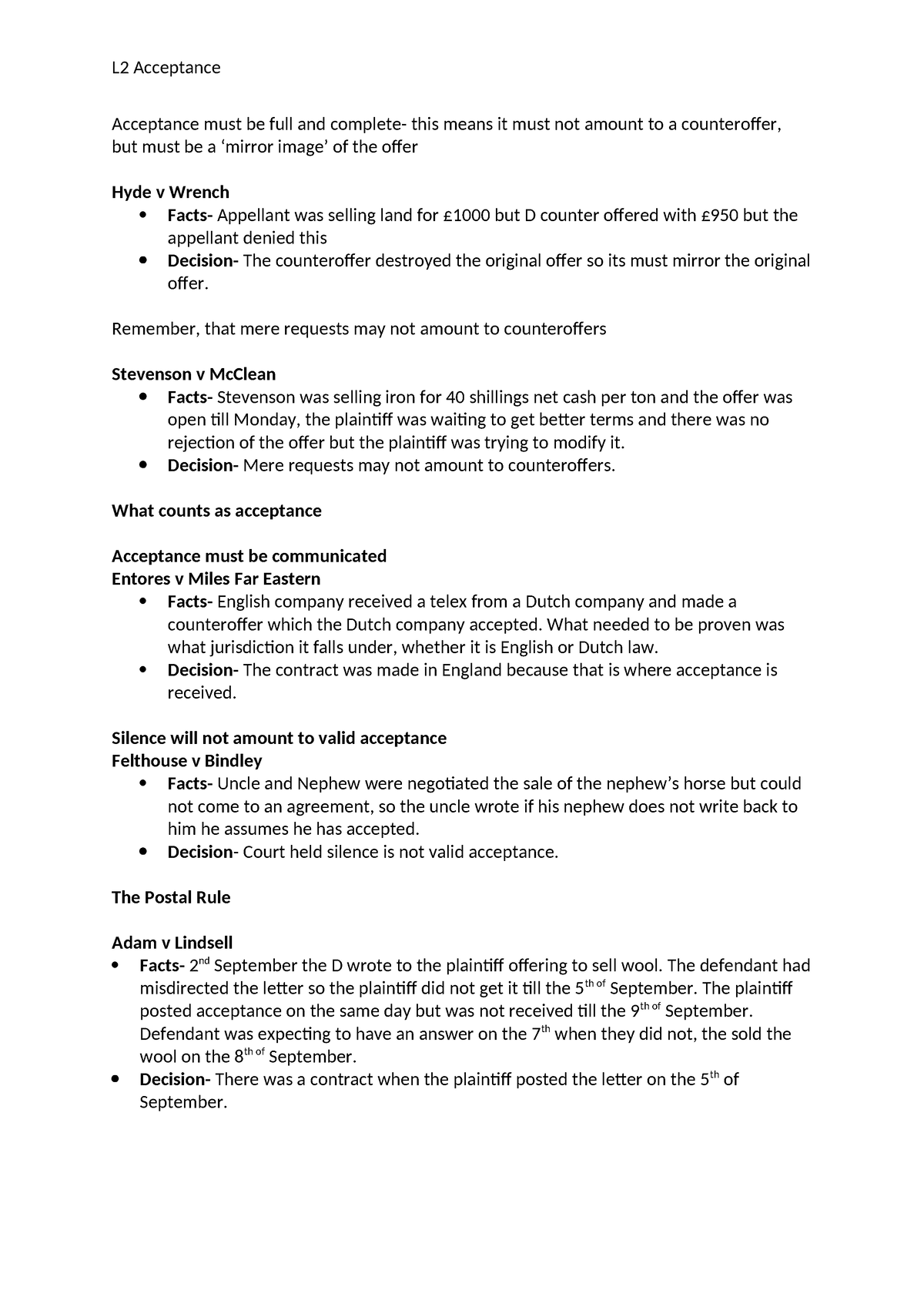 L2, Acceptance - Contract law notes - Acceptance must be full and ...