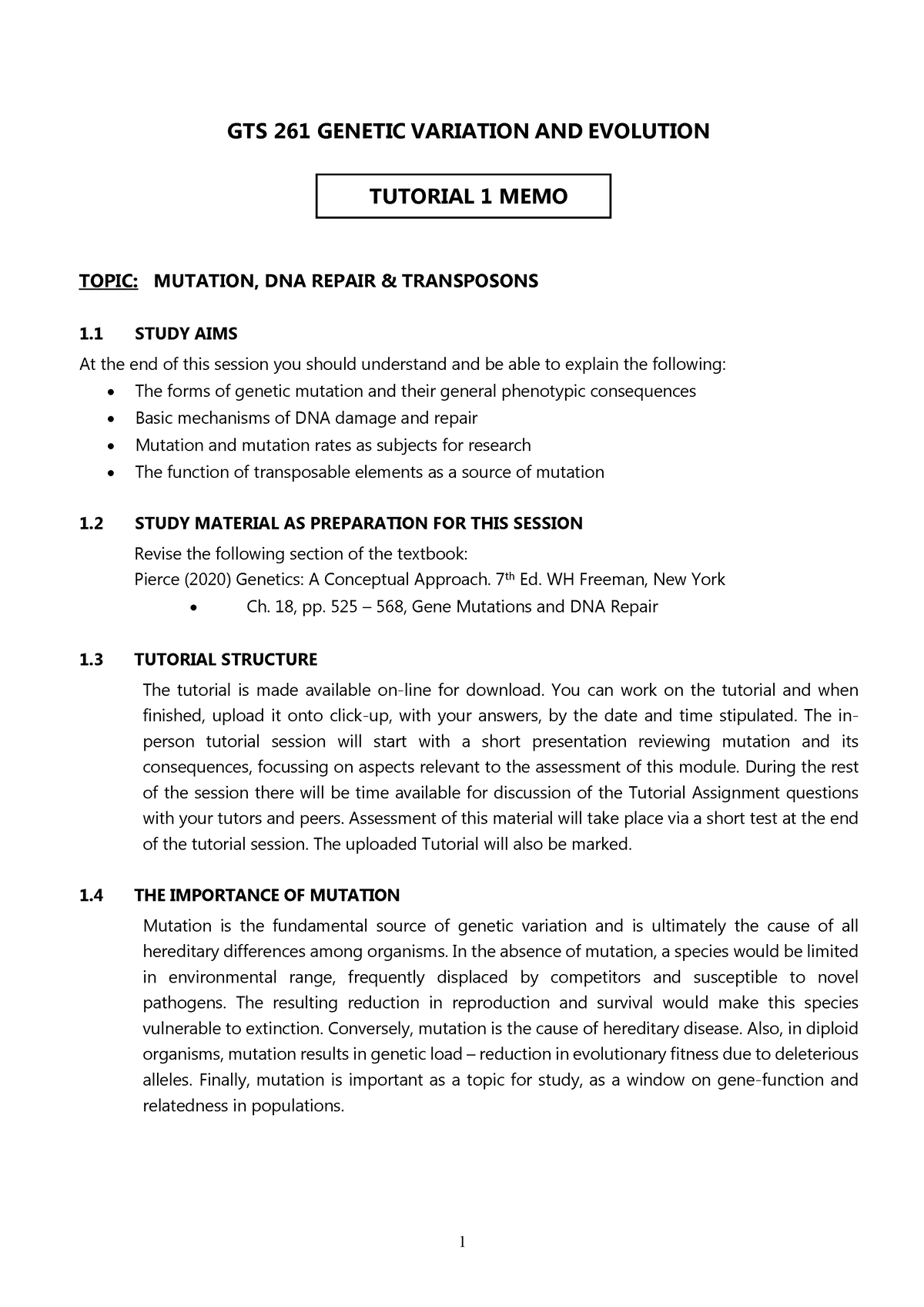 SU1 Tutorial 1 Mutations And Repair_memo - GTS 261 GENETIC VARIATION ...