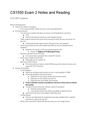 CS 1550 Notes - Chapter 3 Memory Management -RAM is finite and has ...