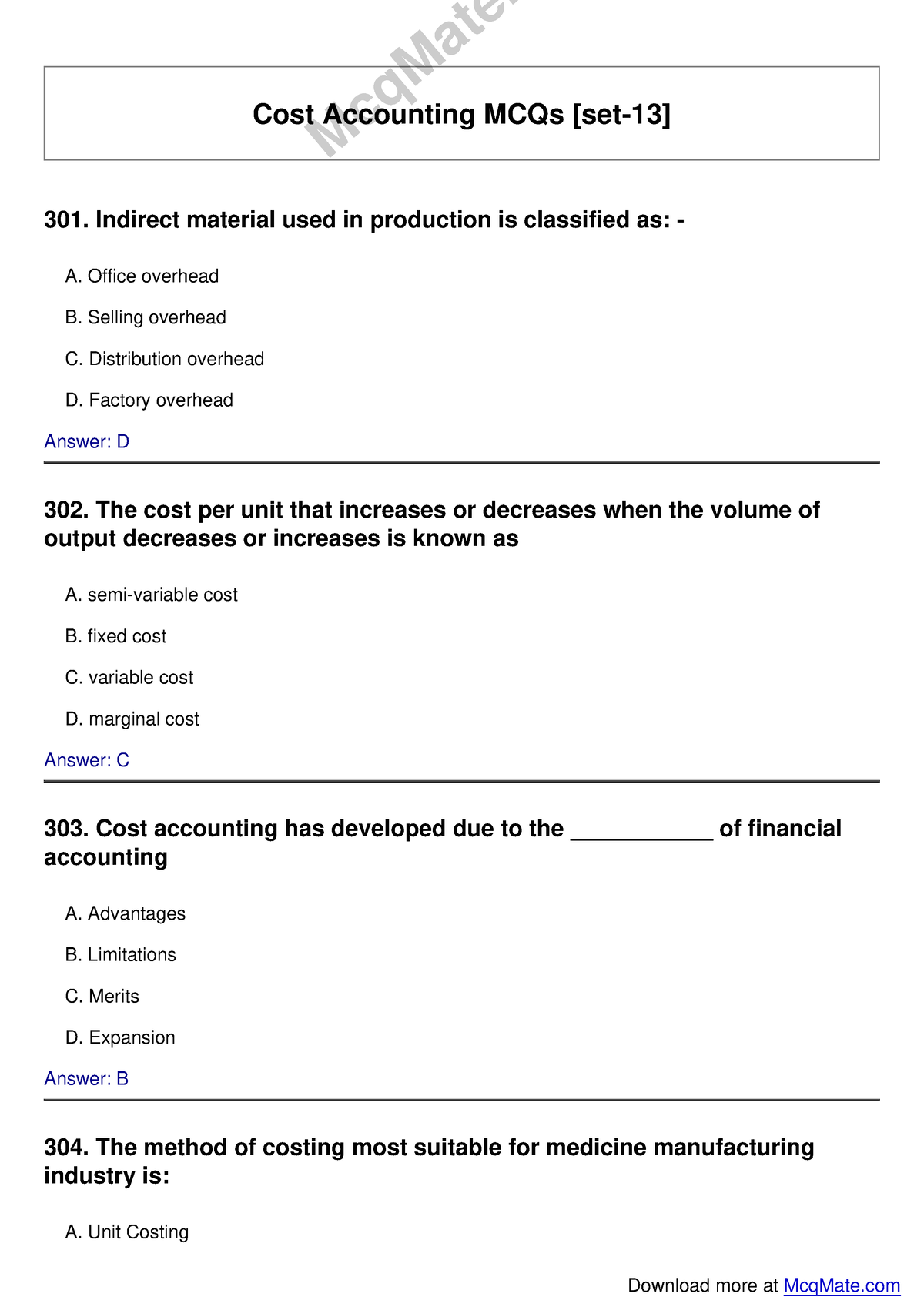 Cost-accounting Solved MCQs [set-13] Mcq Mate - Cost Accounting MCQs ...