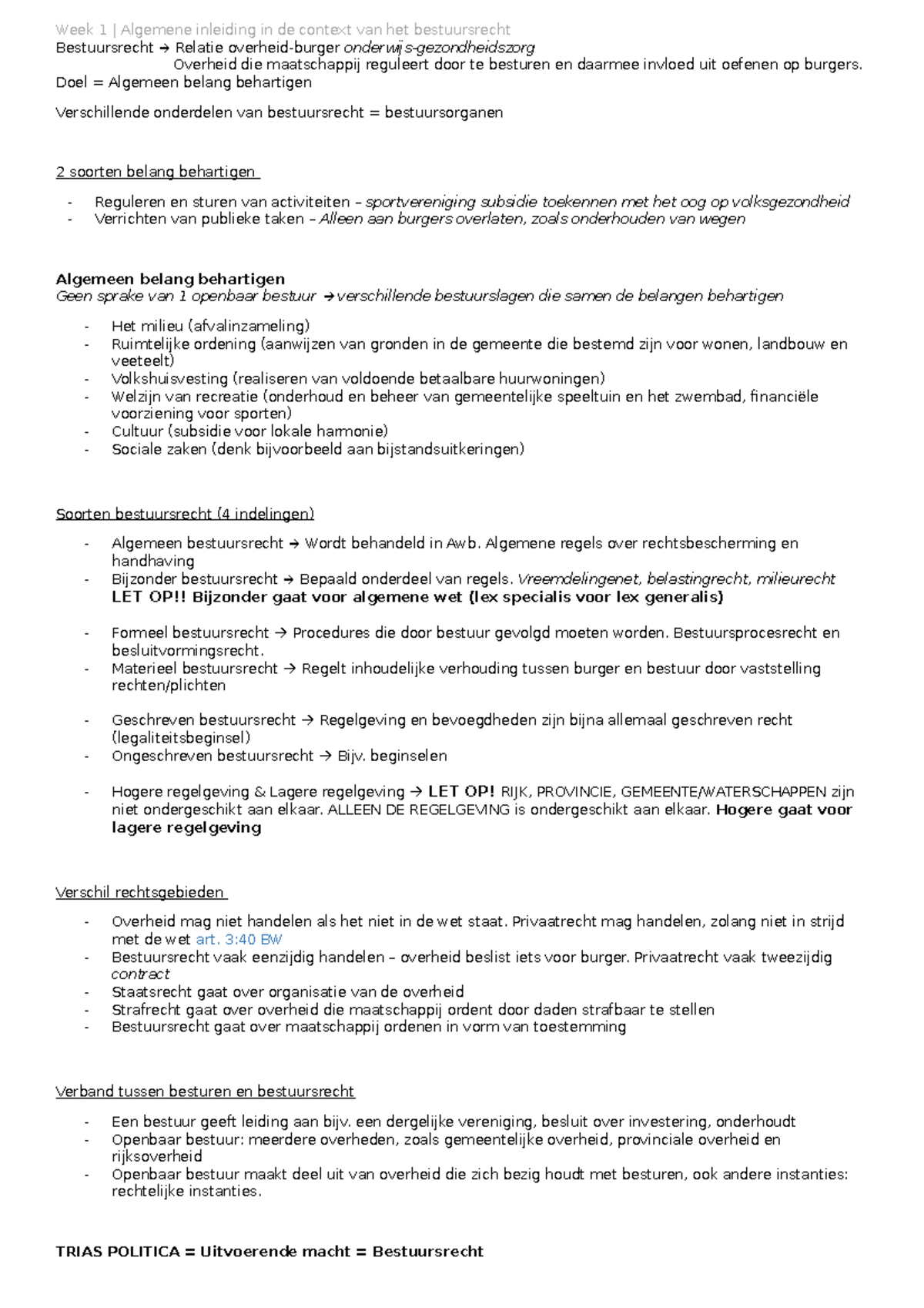 Samenvatting Bestuursrecht Tentamenweek - Week 1 | Algemene Inleiding ...