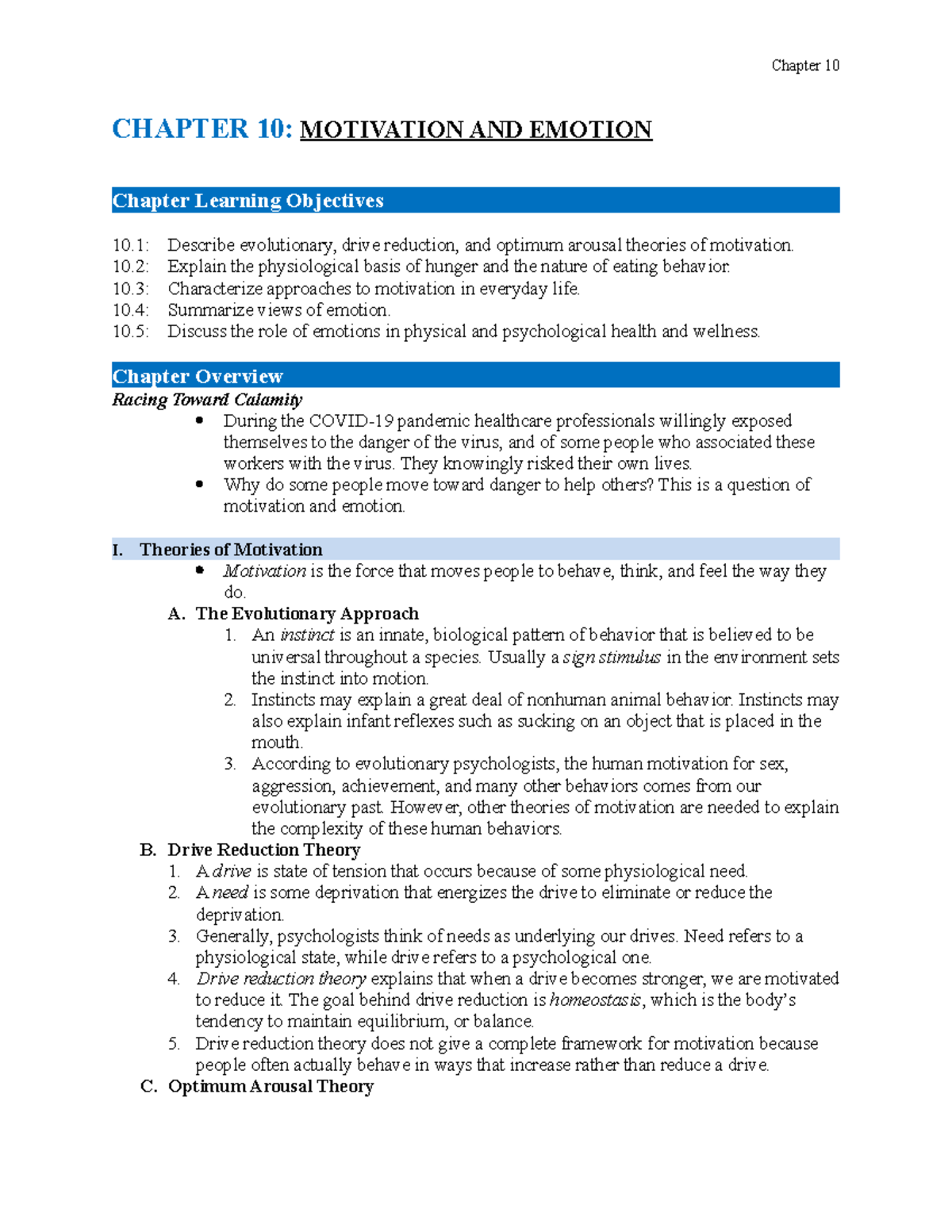 Ch 10 Study Guide - Notes - CHAPTER 10: MOTIVATION AND EMOTION Chapter ...