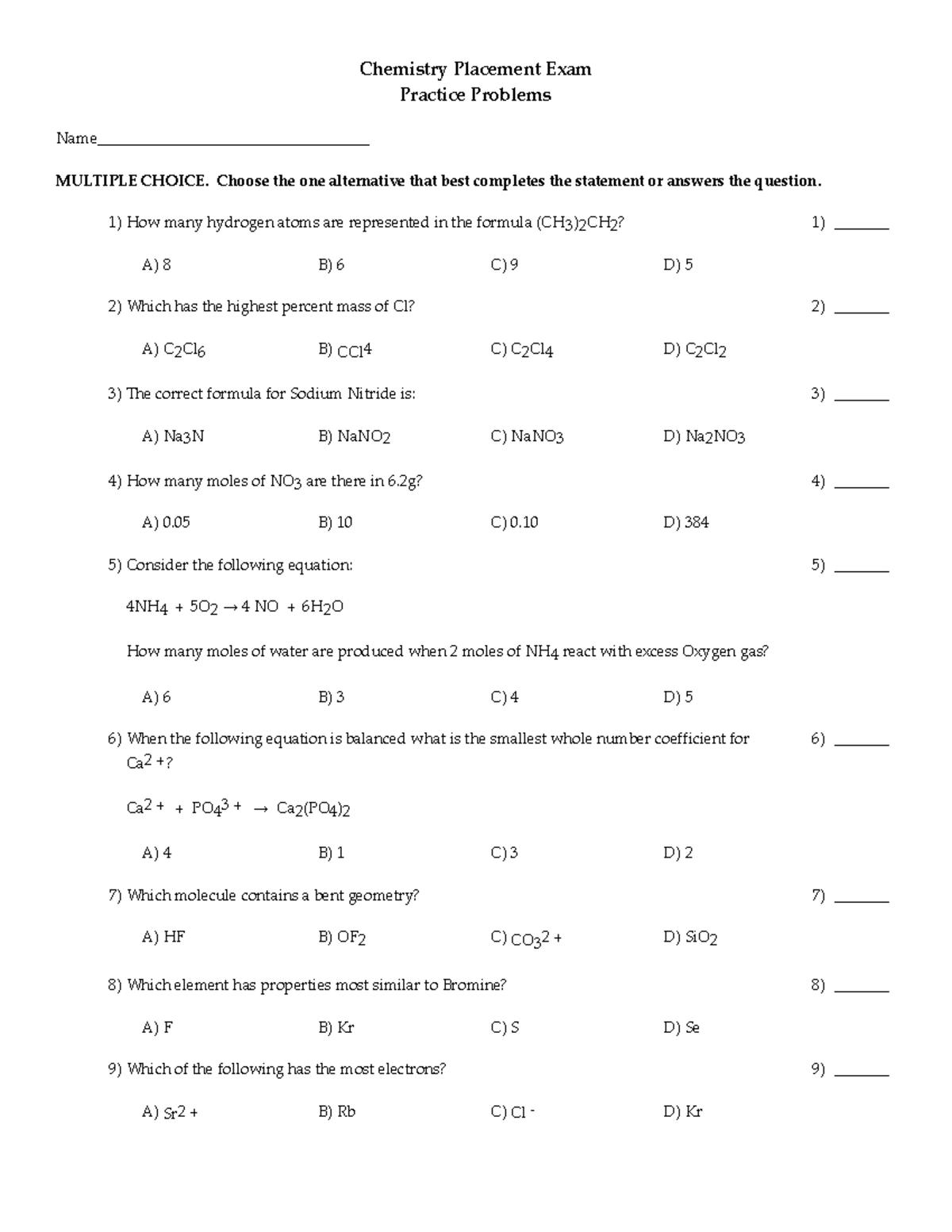 Placement Exam Practice Problems Chemistry Placement Exam Practice Problems Studocu