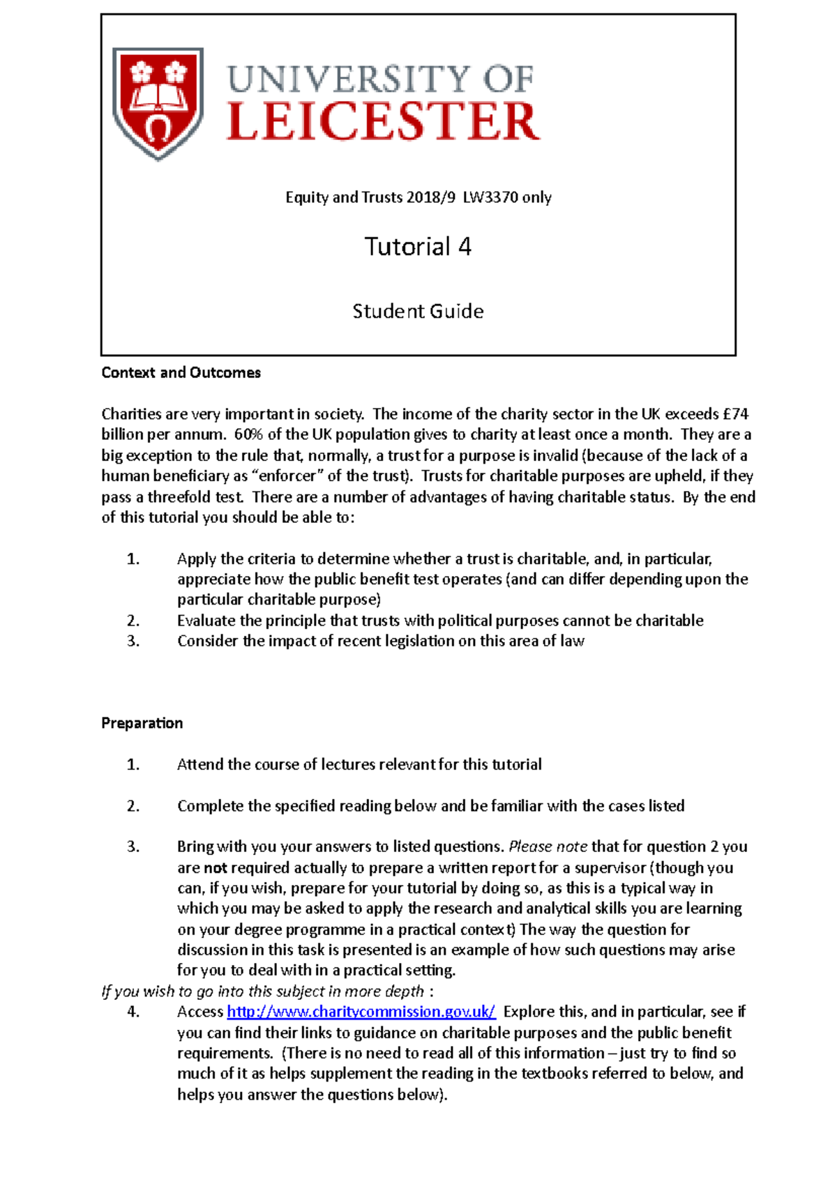 Equity Tutorial 4 - Equity and Trusts 2018/9 LW3370 only Tutorial 4 ...