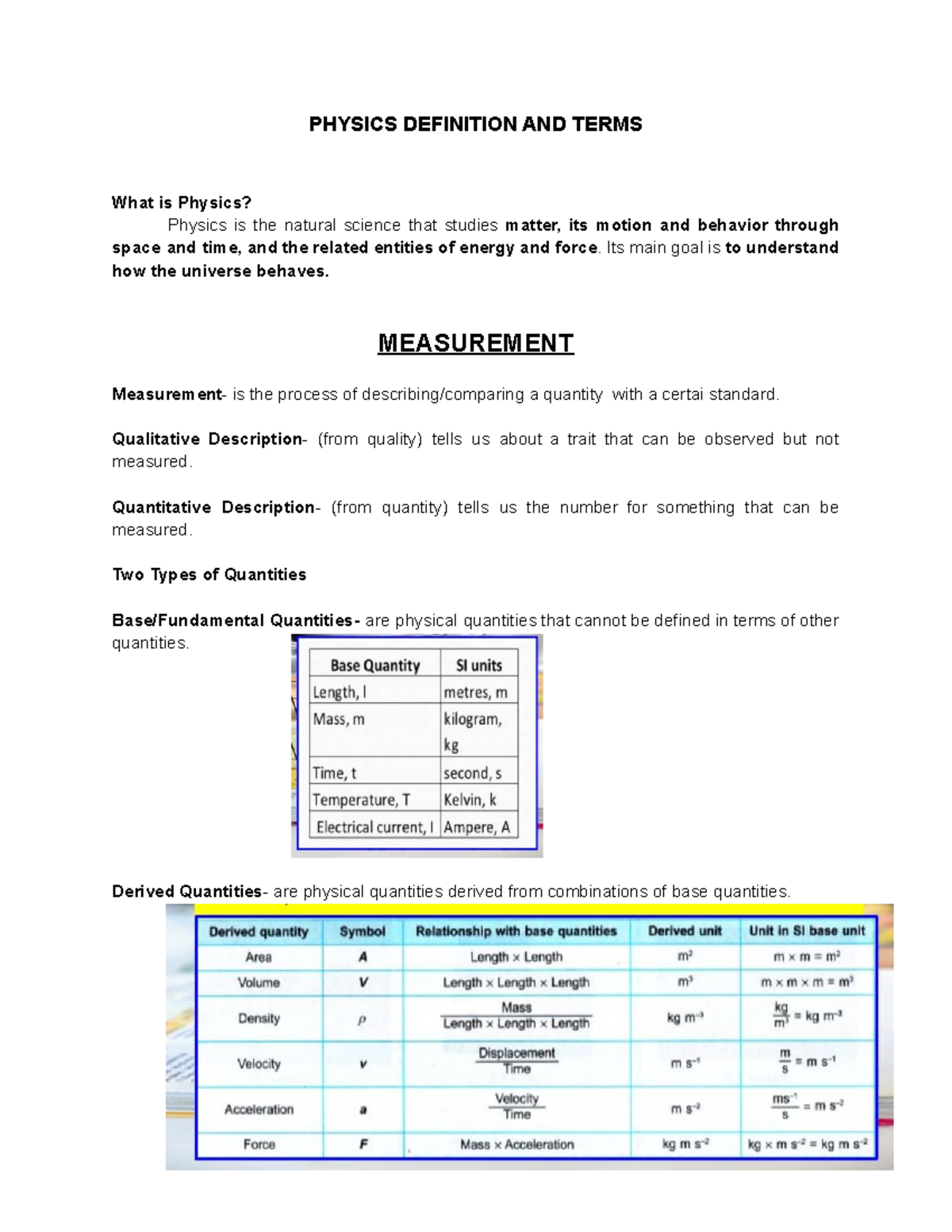 Physics Reviewer - Ms. Perez - PHYSICS DEFINITION AND TERMS What is ...