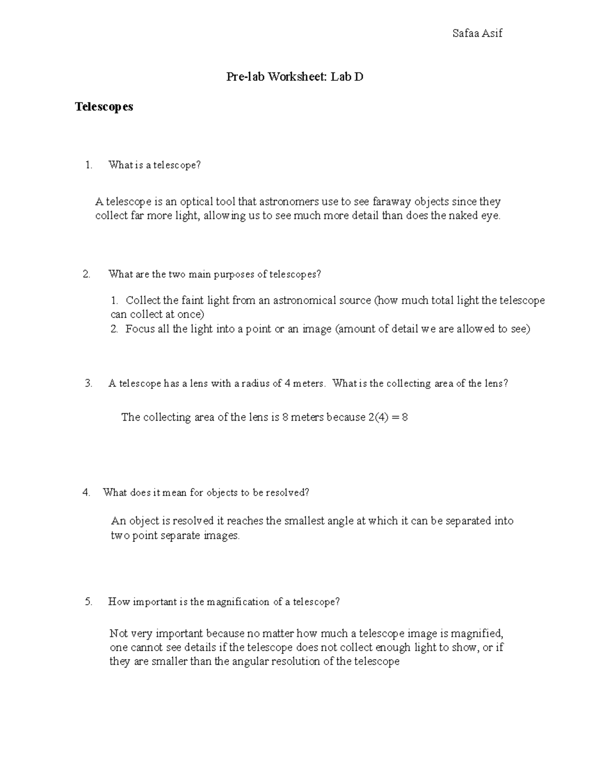 Pre Lab Worksheet Lab D AST 1001 Telescopes Prelab Worksheet Lab