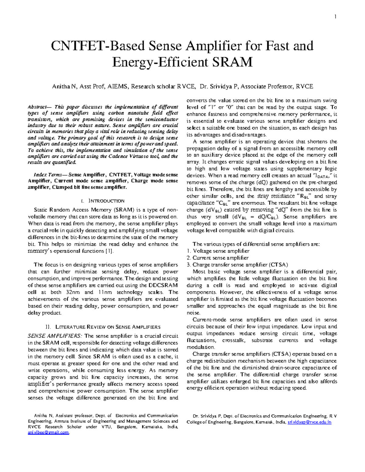 Sense Amplifier - Abstract— This paper discusses the implementation of ...