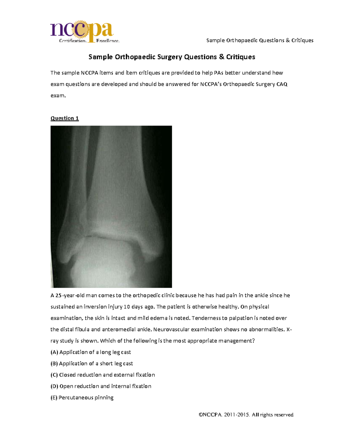 Orthopaedic Critiques(sample pbq questions with answers) - Sample ...