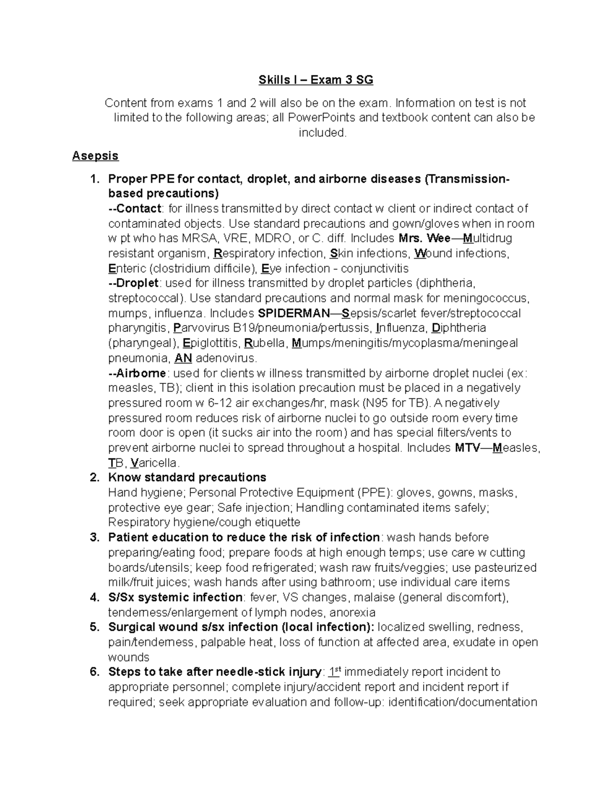 Skills Exam 3 Study Guide - Skills I – Exam 3 SG Content from exams 1 ...