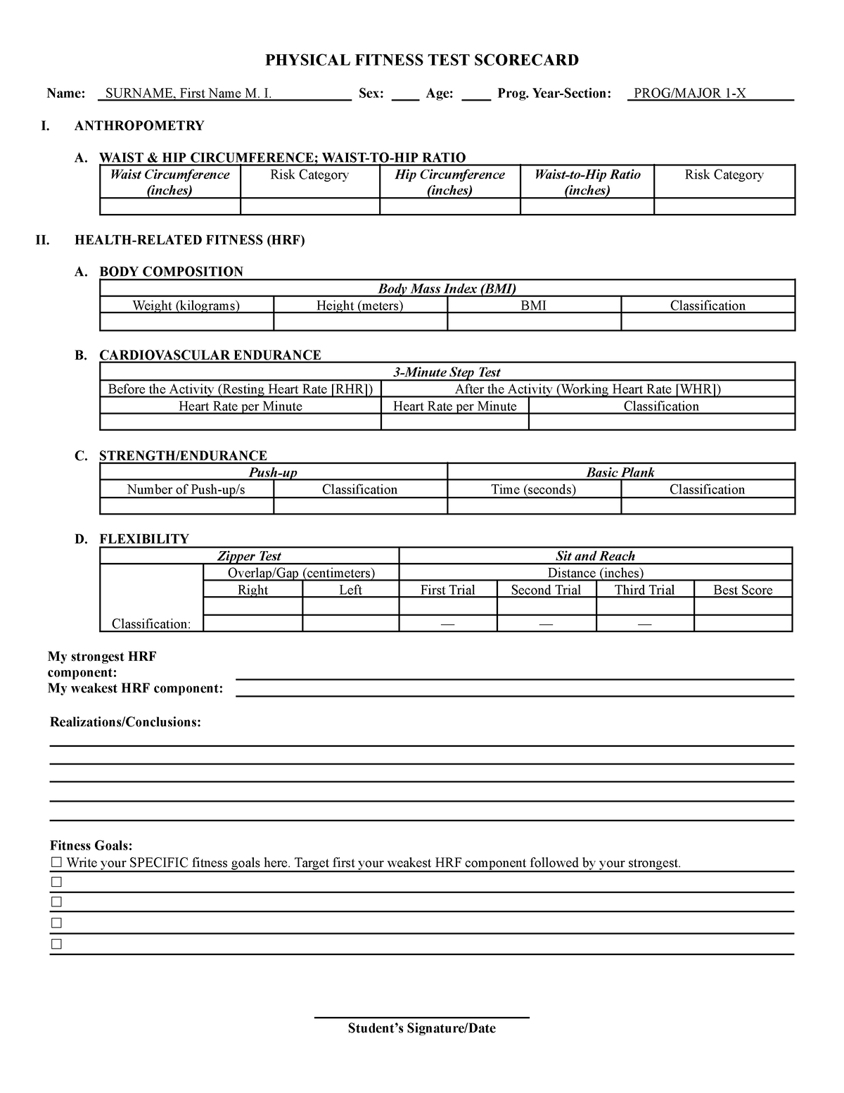 Physical Fitness Test Scorecard HRF - PHYSICAL FITNESS TEST SCORECARD ...