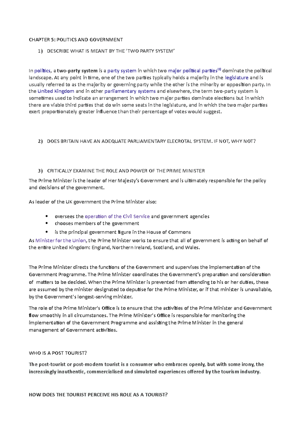 Q&A Dispense - Domande - CHAPTER 5: POLITICS AND GOVERNMENT 1) DESCRIBE ...