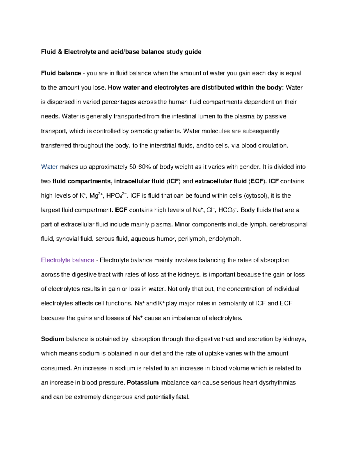 Peer created study guide Fluid & Electrolyte and Acid Base balance ...