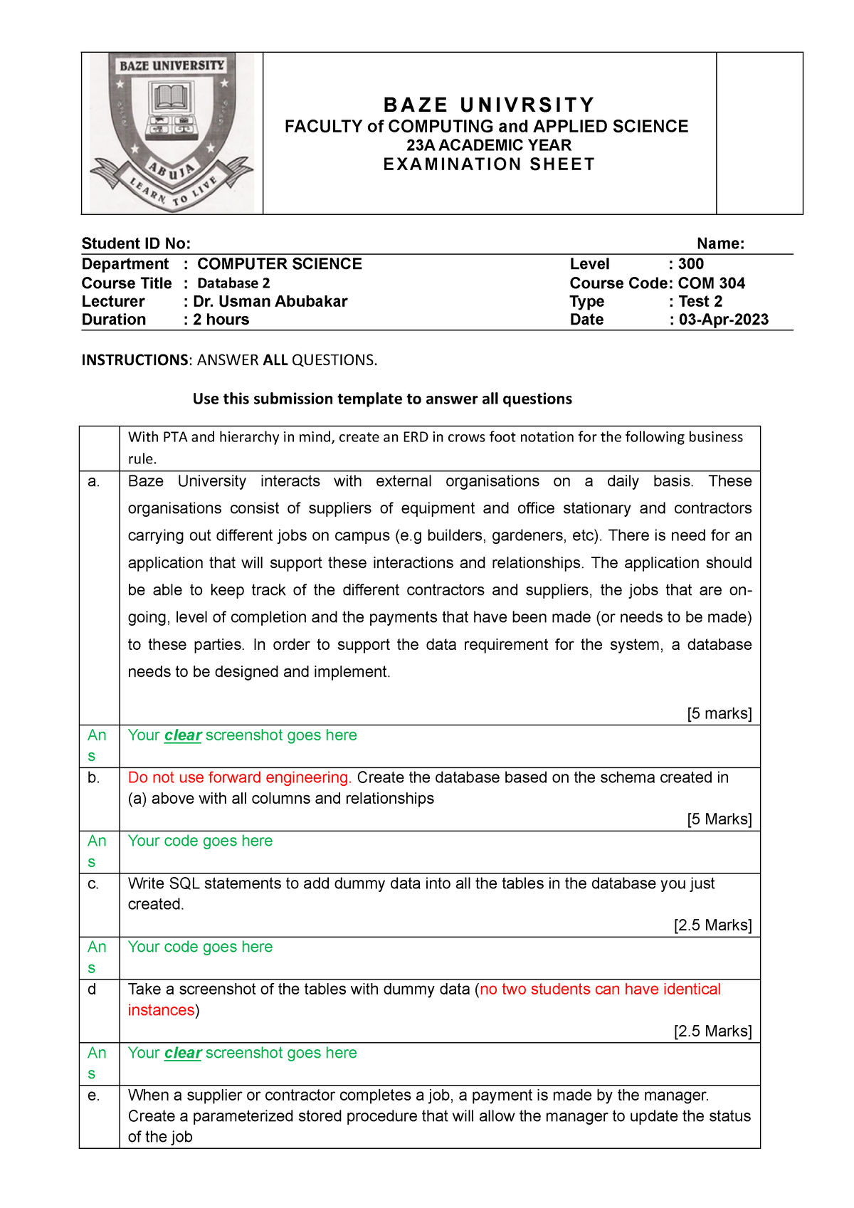 Test3 - Source - B A Z E U N I V R S I T Y FACULTY Of COMPUTING And ...