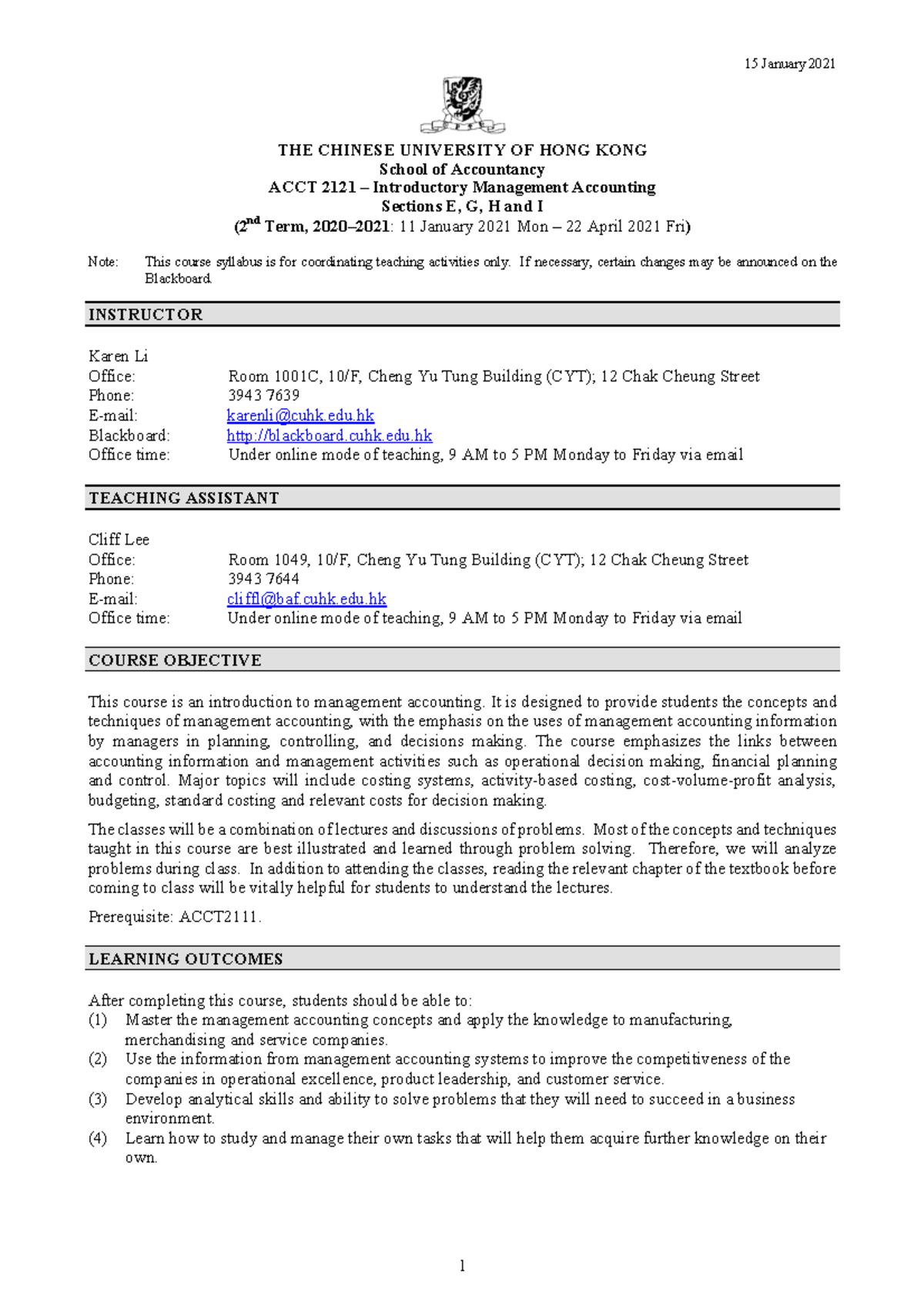 ACCT 2121 Outline - 15 January 2021 THE CHINESE UNIVERSITY OF HONG KONG ...