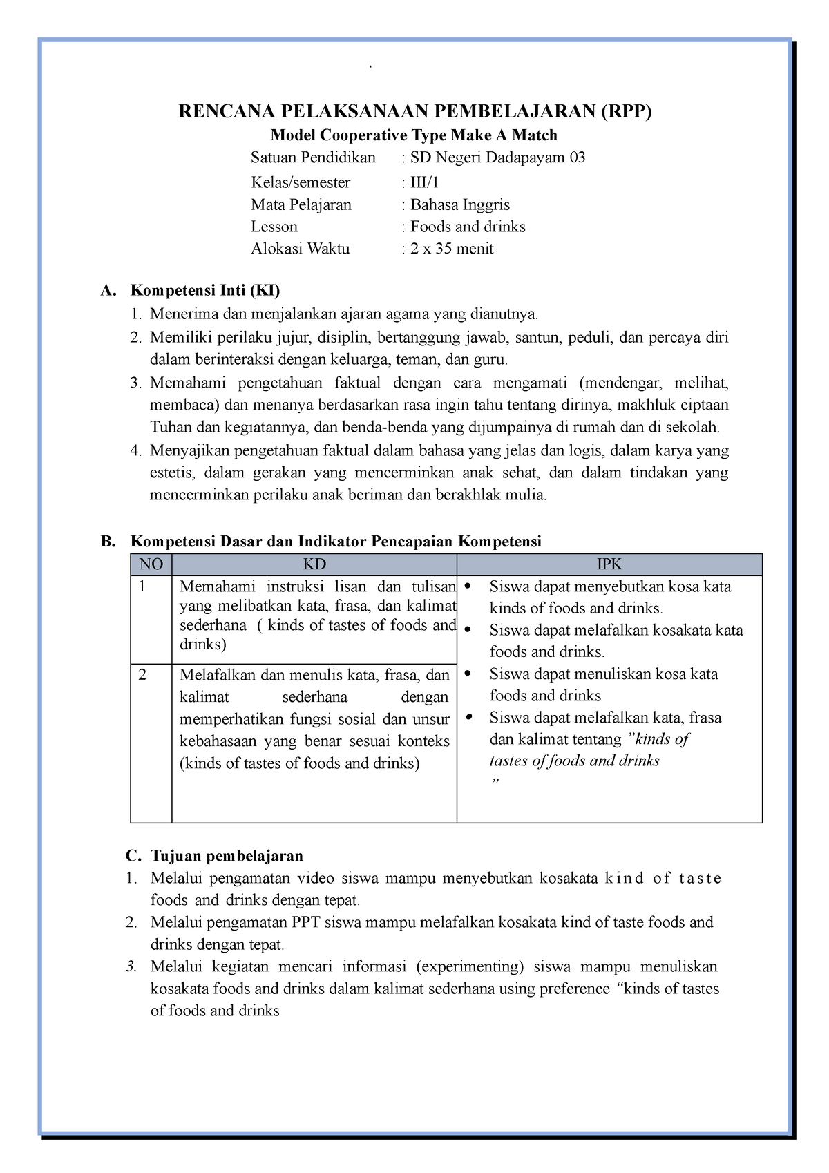 RPP B Inggris - No Description - RENCANA PELAKSANAAN PEMBELAJARAN (RPP ...