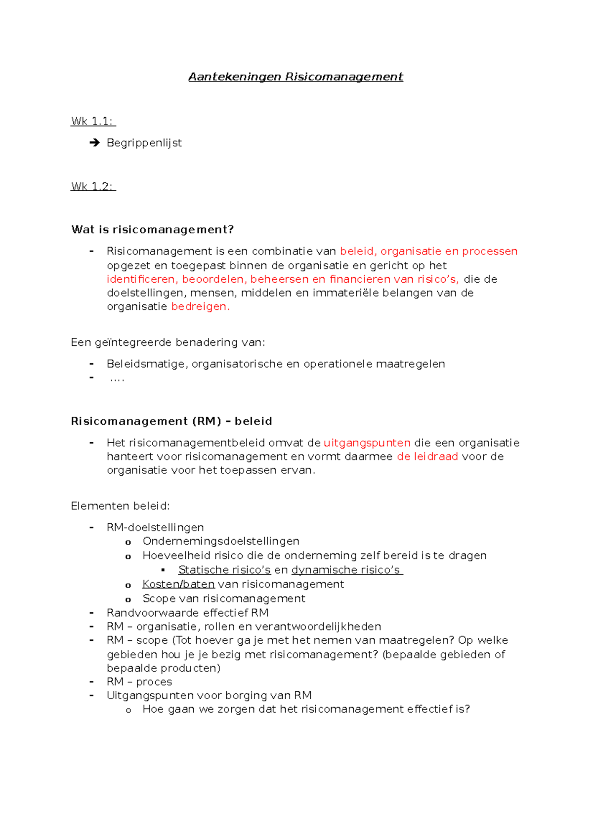 Aantekeningen Risicomanagement 1e Jaar Integrale Veiligheidskunde ...