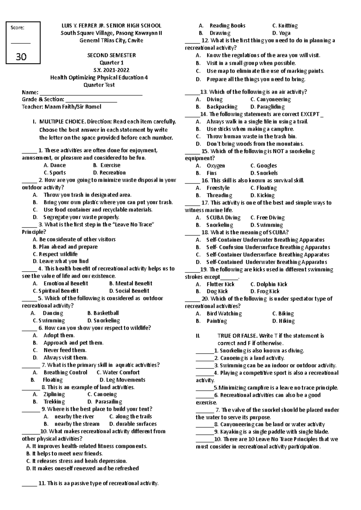 HOPE4Quiz quiz in physical education LUIS Y. FERRER JR. SENIOR