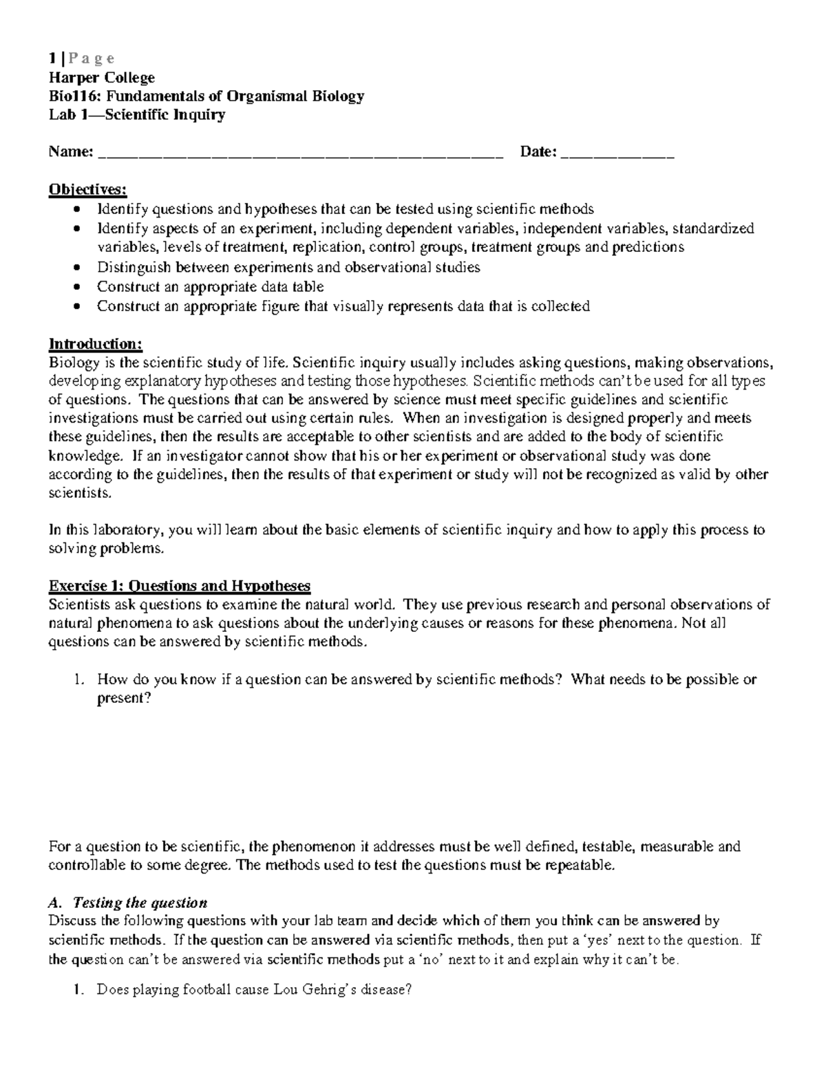 Lab 1 Scientific Inquiry 2019 - Harper College Bio116: Fundamentals of ...