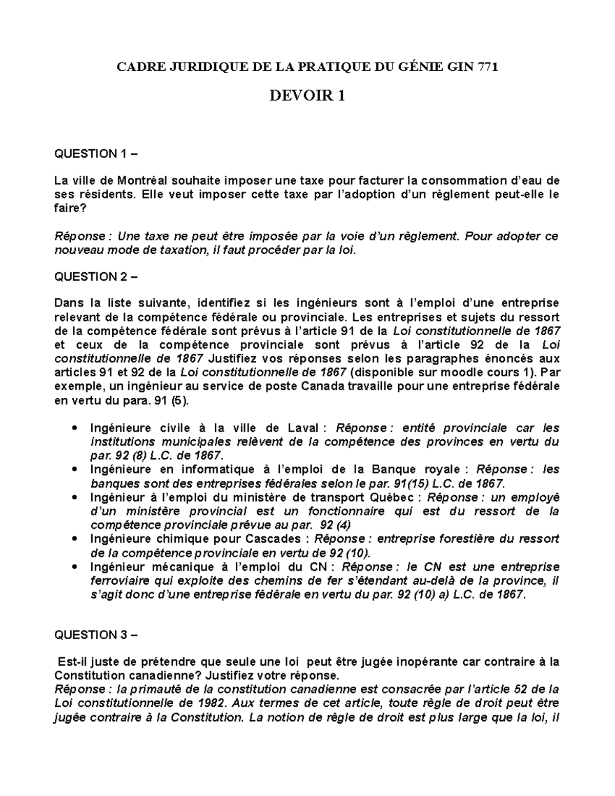 Exercice Pratique 1- Corrigé - CADRE JURIDIQUE DE LA PRATIQUE DU GÉNIE ...