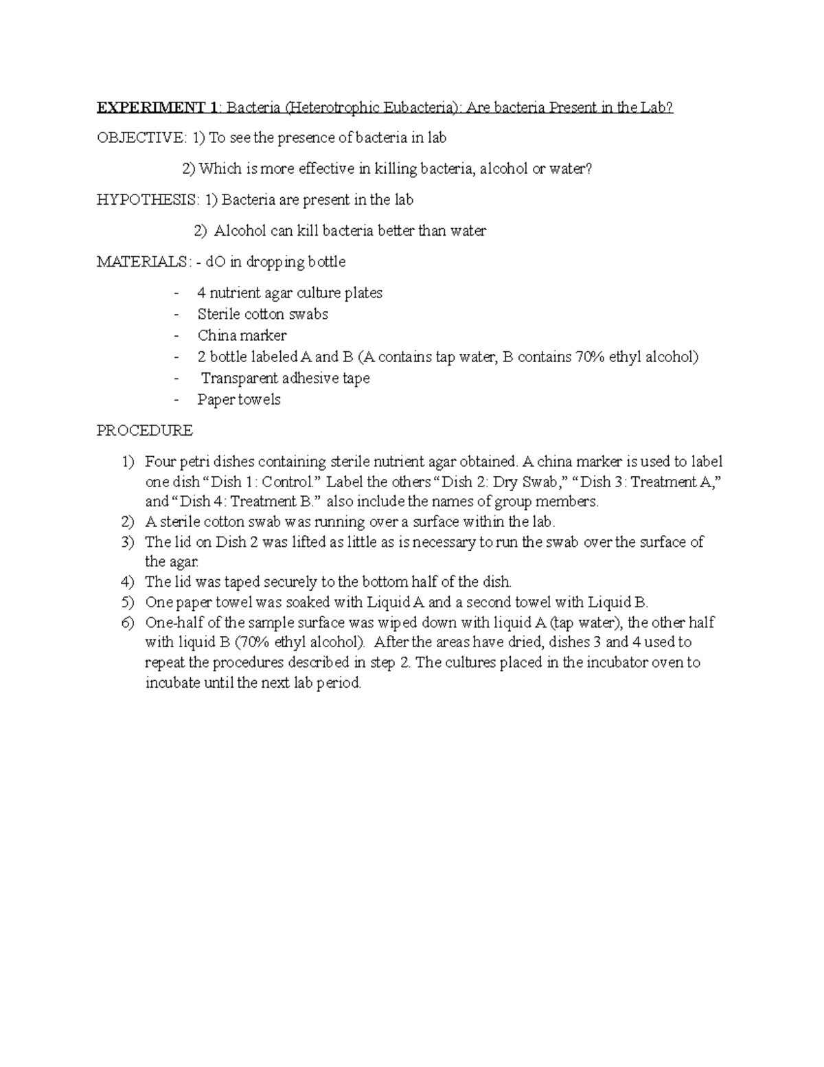 Experiment Bio320 - Complete lab report and practical explanation that ...