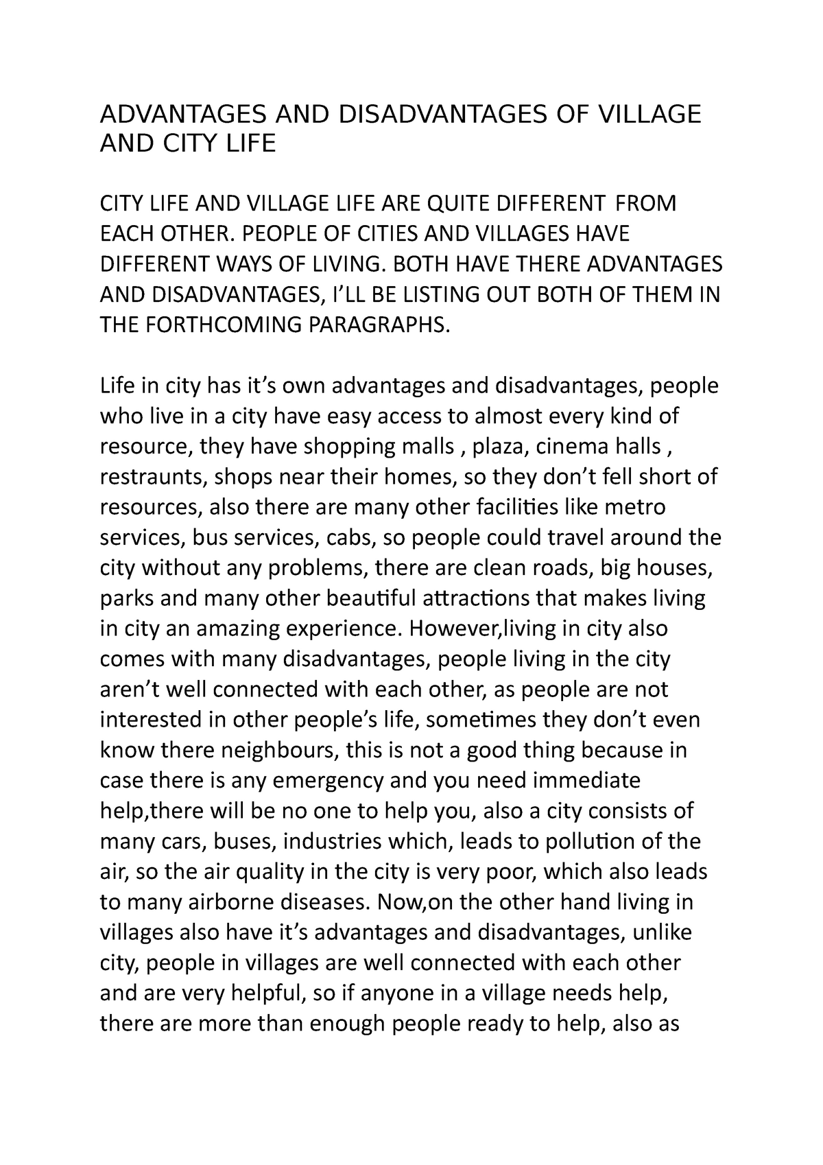 advantage of village life vs city life