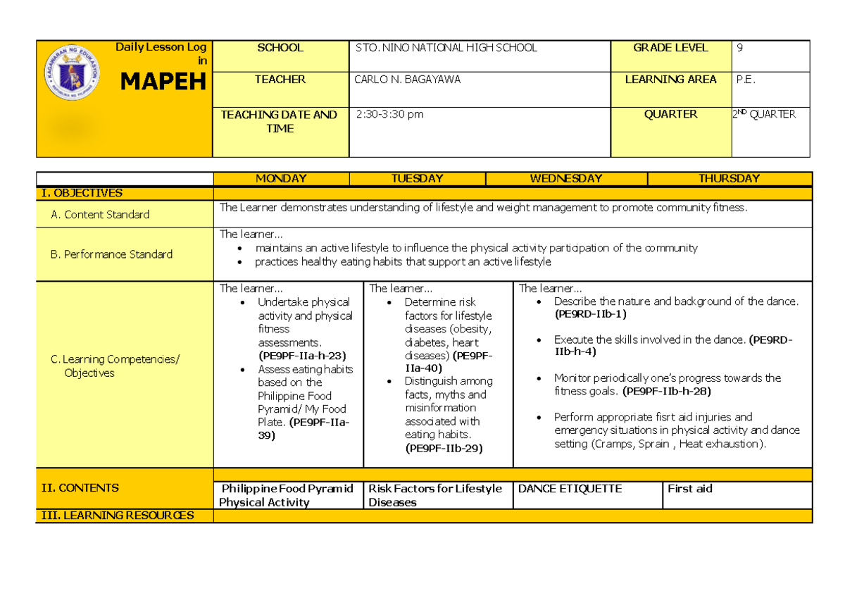 Q2 Grade 9 PE DLL Week 1 (1) (1) - Daily Lesson Log in MAPEH SCHOOL STO ...