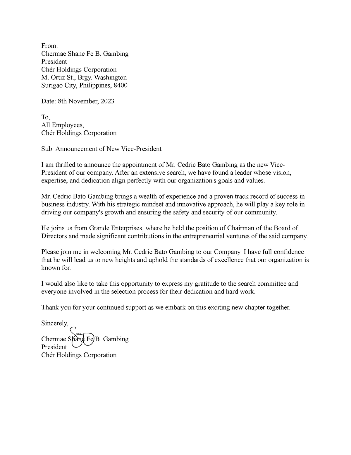 Gambing, Chermae Shane Fe B. - Announcement Letter - From: Chermae ...