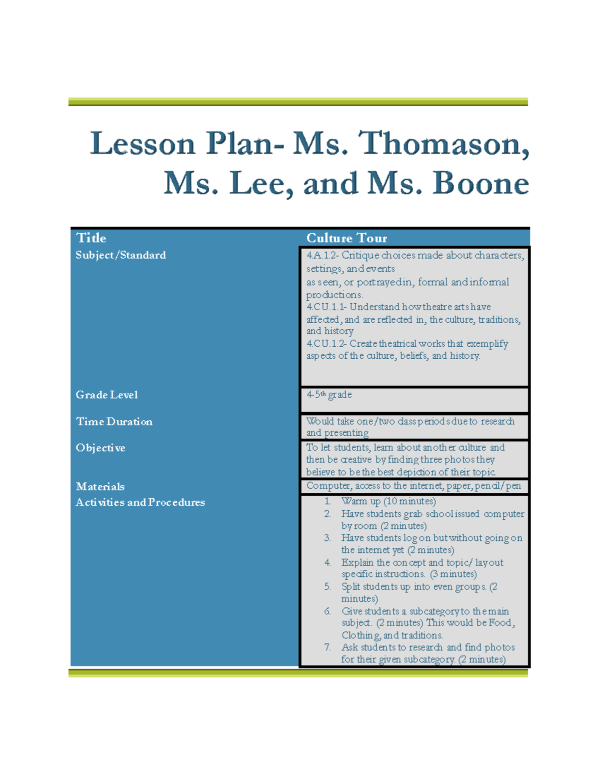 Culture Lesson Plan - Lesson Plan- Ms. Thomason, Ms. Lee, And Ms. Boone ...