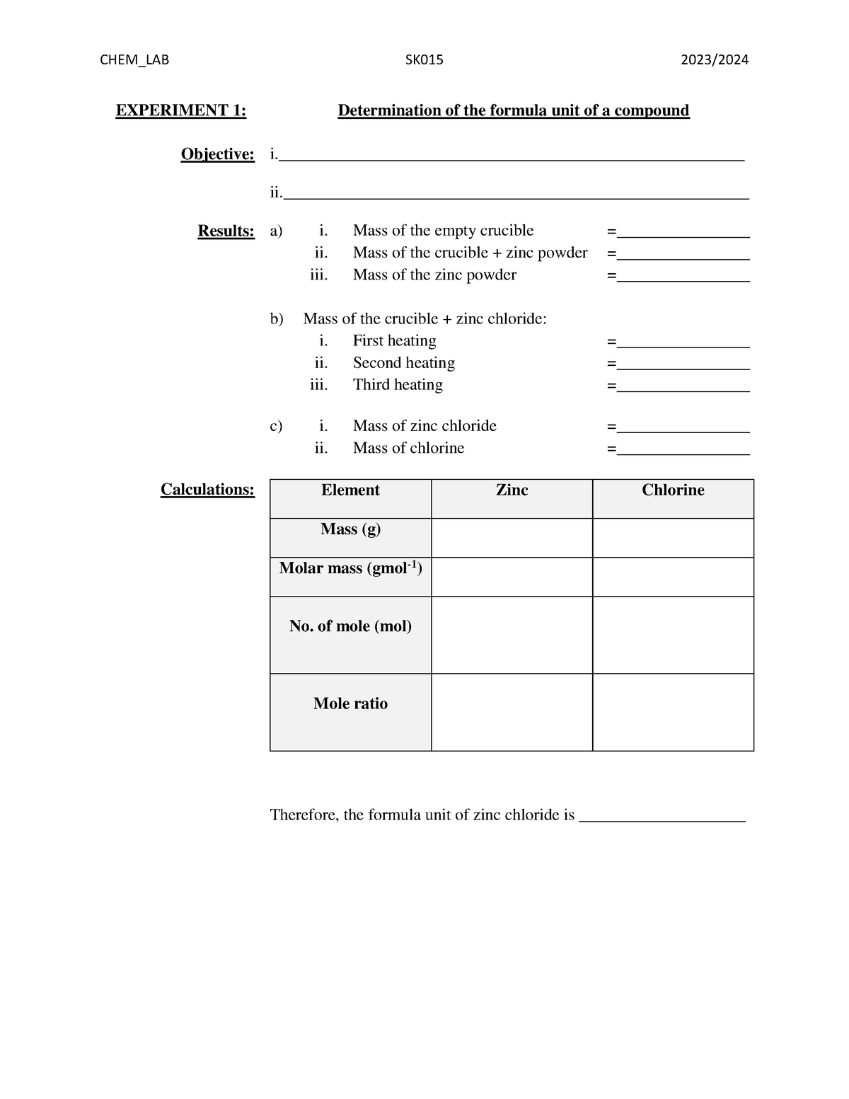 lab report experiment 1 chemistry matriculation sk015