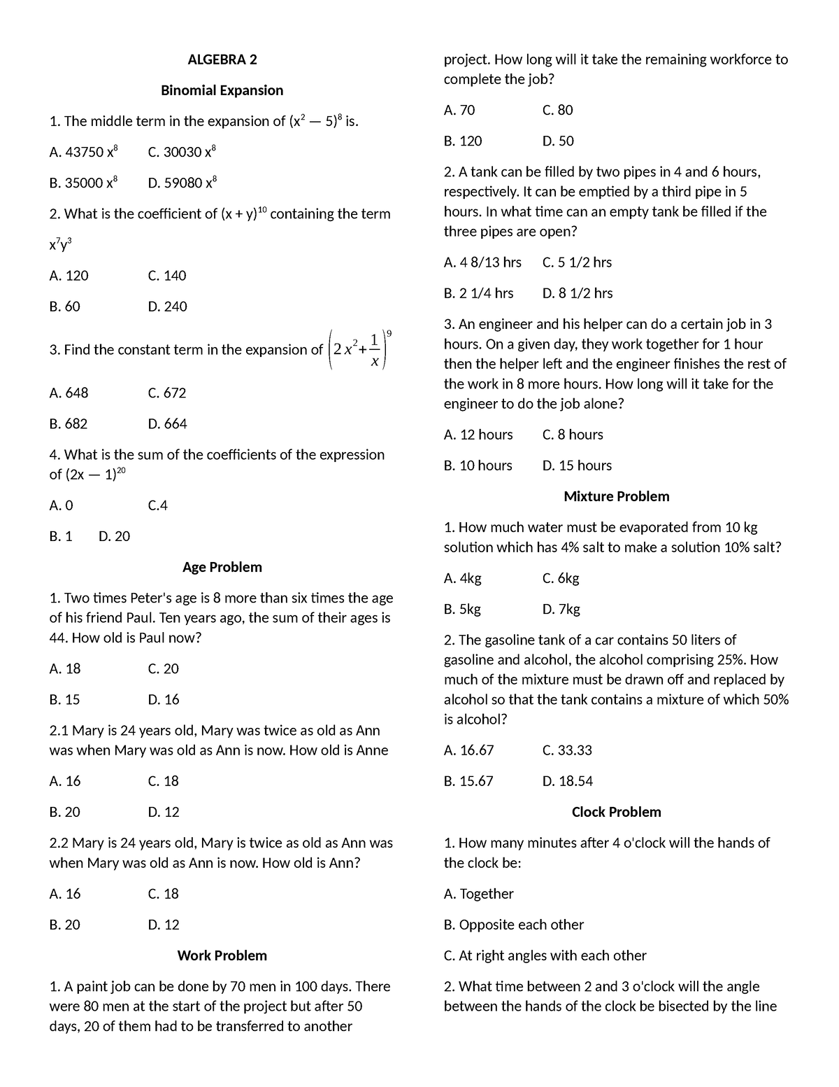 Algebra 2 Solved Problems ALGEBRA 2 Binomial Expansion 1. The middle