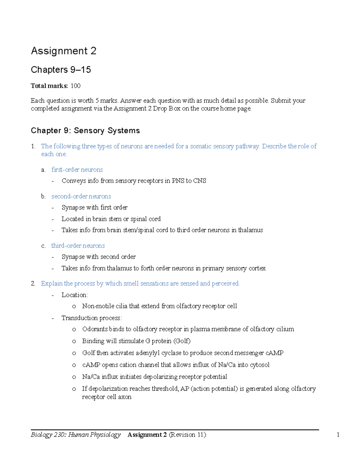 BIO 230 Assignment 2 - Assignment 2 Chapters 9– Total Marks: 100 Each ...