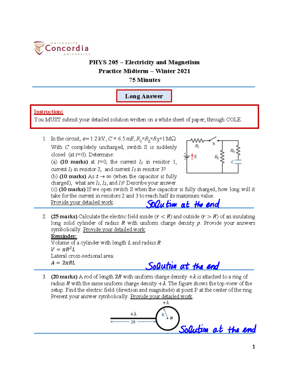 PHYS 205 Midterm Exam-Solutions - 1 PHYS 205 – Electricity And ...