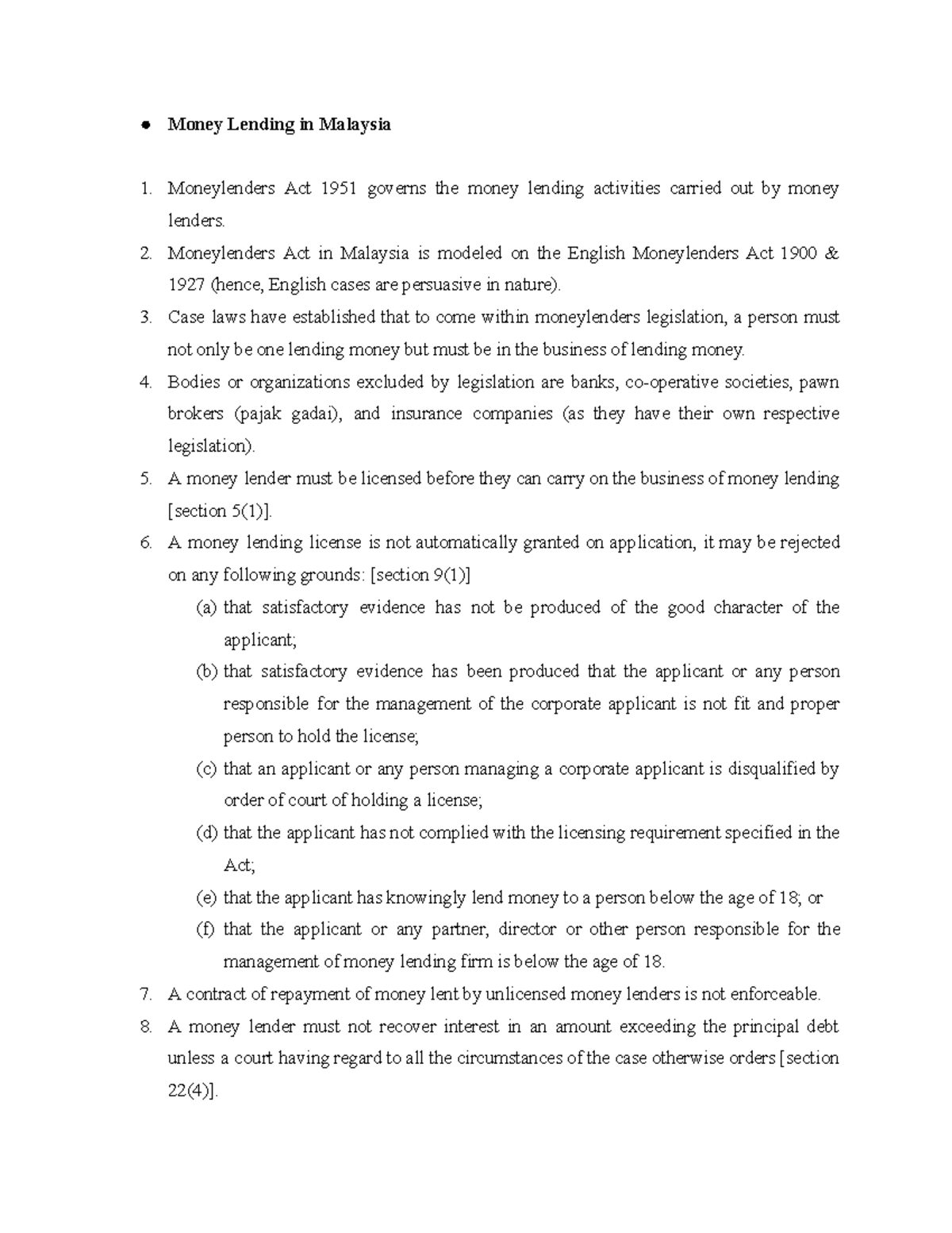 Specific Contract Week 12 Lecture Notes (Moneylending, Pawn Broker ...