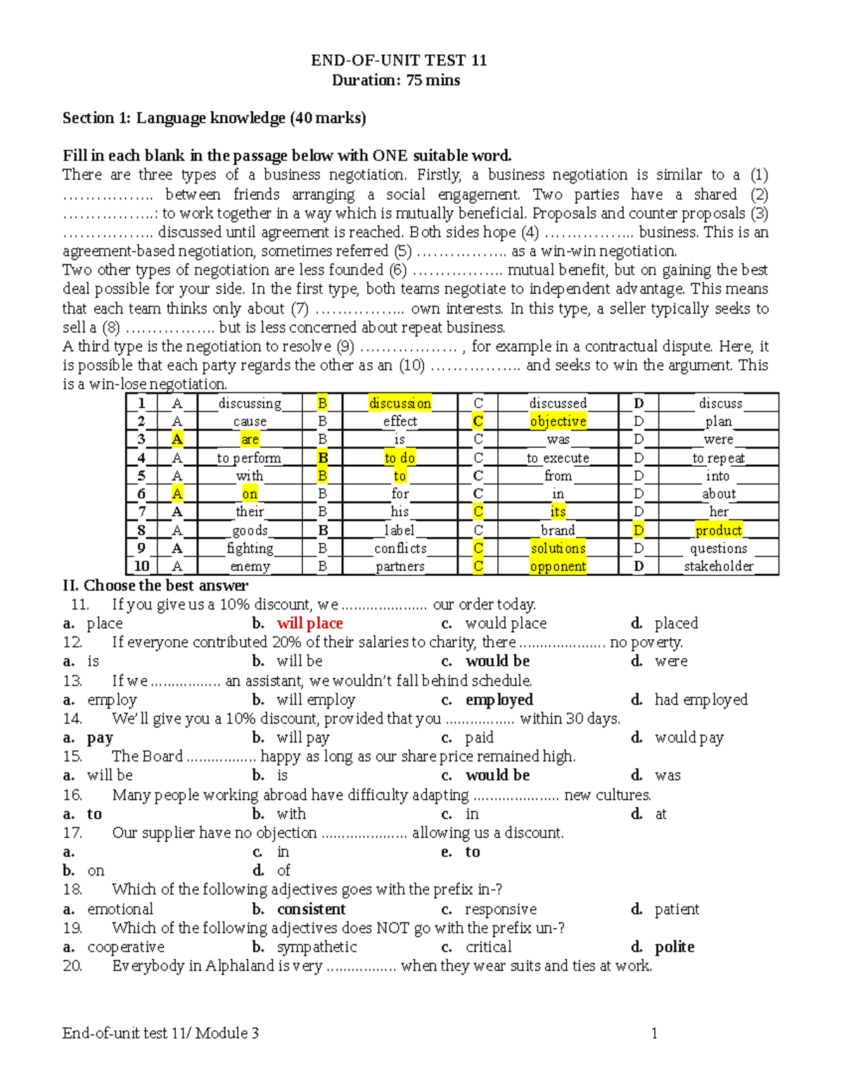 EOU UNIT 11 - đáp án Eou Unit 11 Cũ - END-OF-UNIT TEST 11 Duration: 75 ...