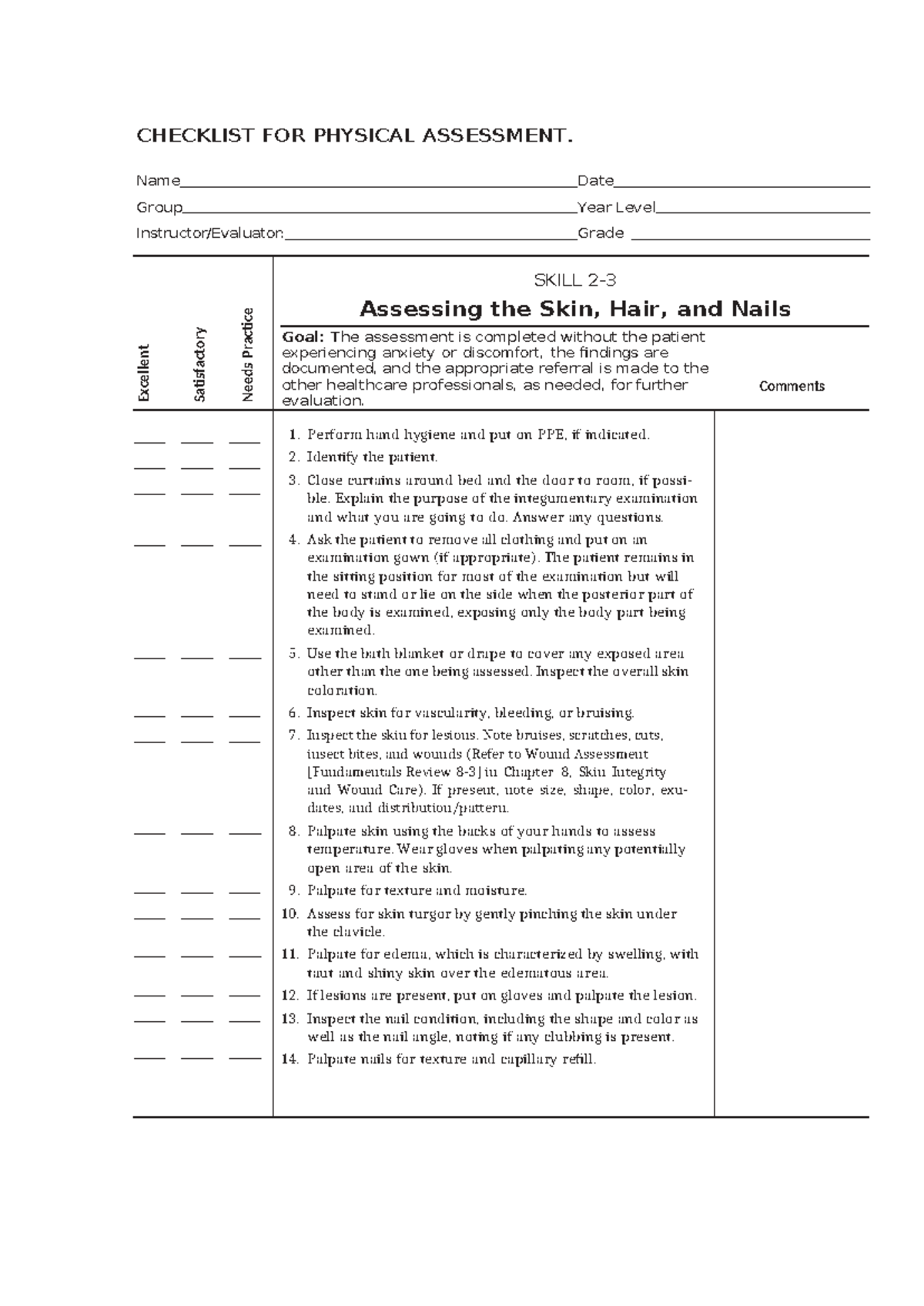 Physical EXAM - CHECKLIST FOR PHYSICAL ASSESSMENT. Name Date Group Year ...