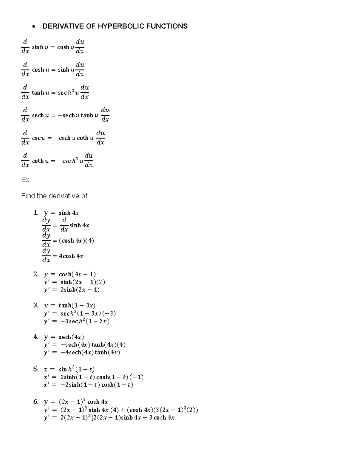 Derivative OF Hyperbolic Functions - • DERIVATIVE OF HYPERBOLIC ...